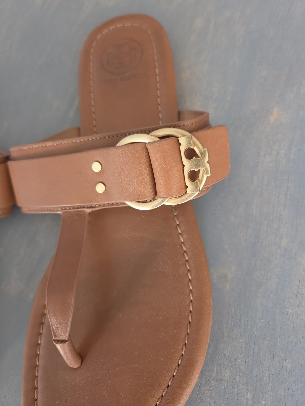 Tory Burch Brown Leather Thong Sandals with Gold Buckle